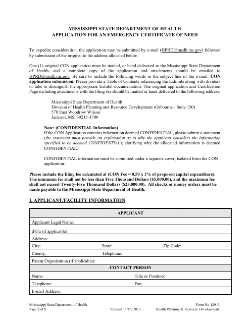 Form 808 E Application for an Emergency Certificate of Need - Mississippi