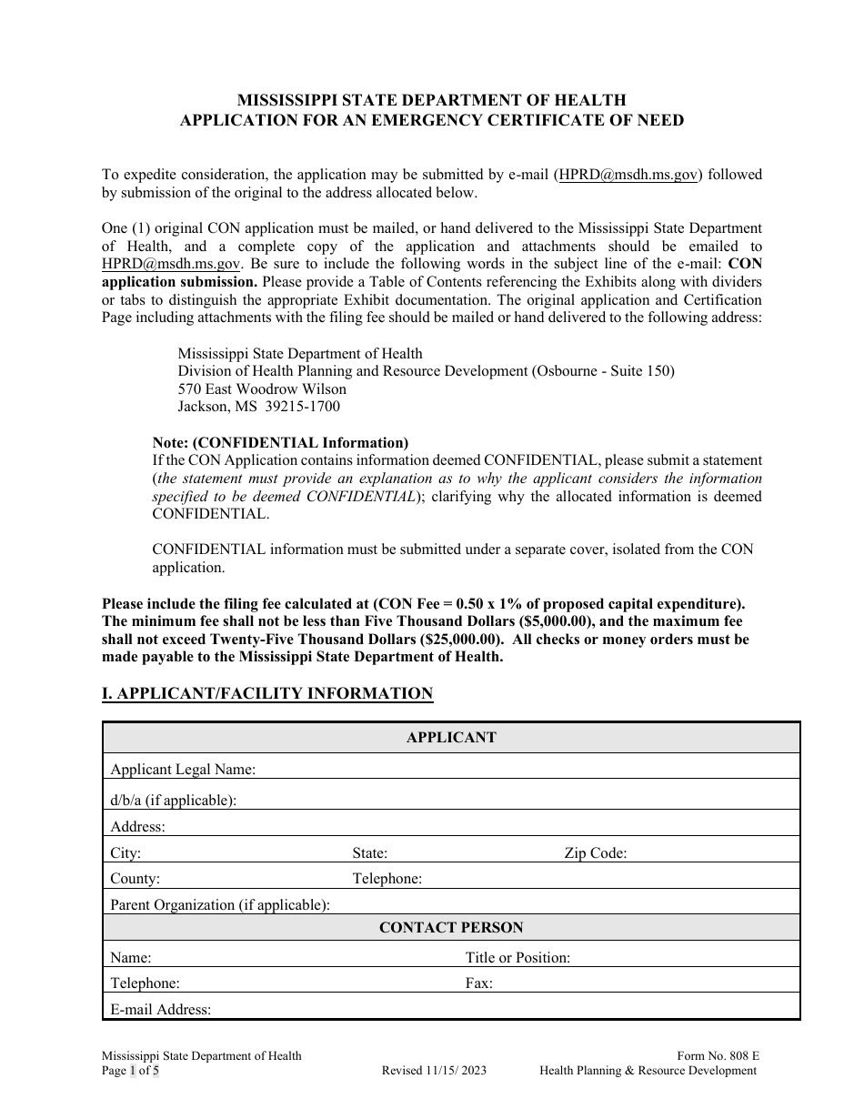 Form 808 E Application for an Emergency Certificate of Need - Mississippi, Page 1