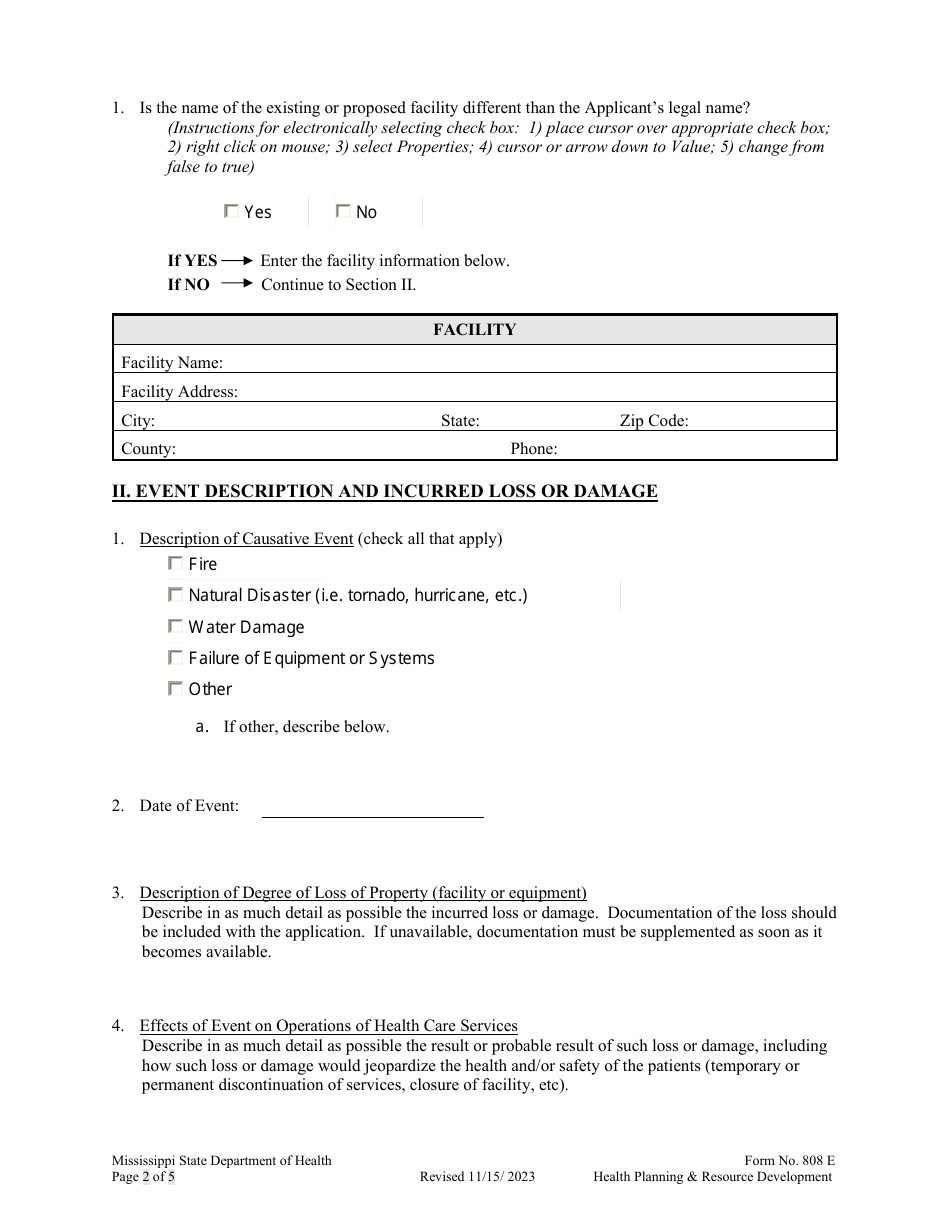 Form 808 E Application for an Emergency Certificate of Need - Mississippi, Page 2