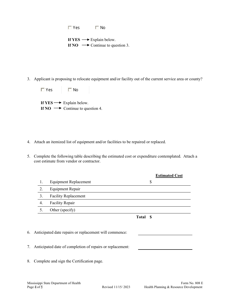 Form 808 E Application for an Emergency Certificate of Need - Mississippi, Page 4