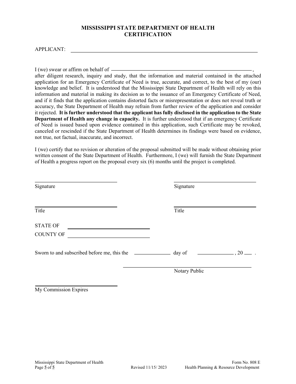 Form 808 E Application for an Emergency Certificate of Need - Mississippi, Page 5