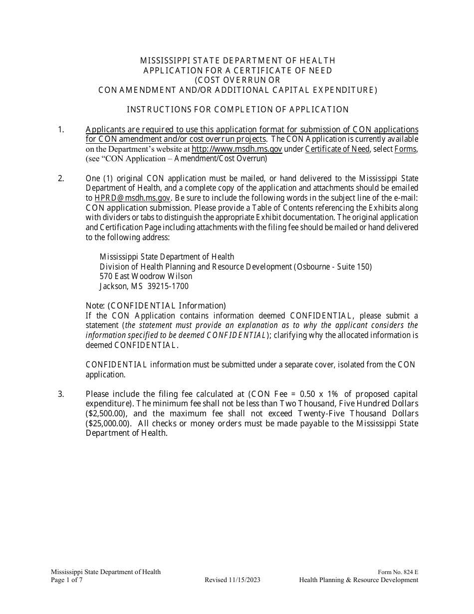 Form 824 E Application for Con Cost Overrun Con Amendment and / or Additional Capital Expenditure - Mississippi, Page 1