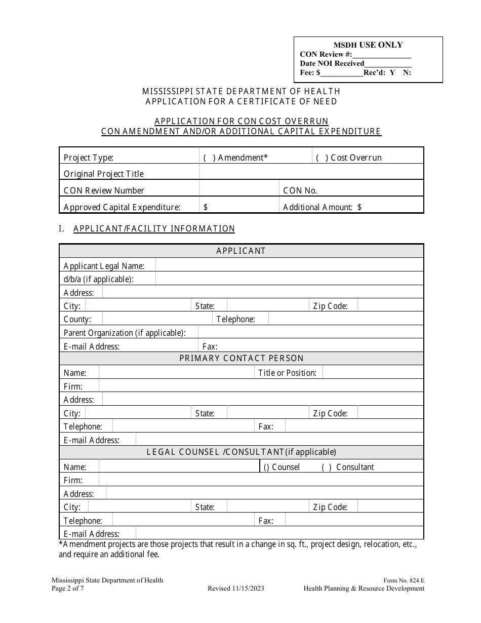 Form 824 E Application for Con Cost Overrun Con Amendment and / or Additional Capital Expenditure - Mississippi, Page 2