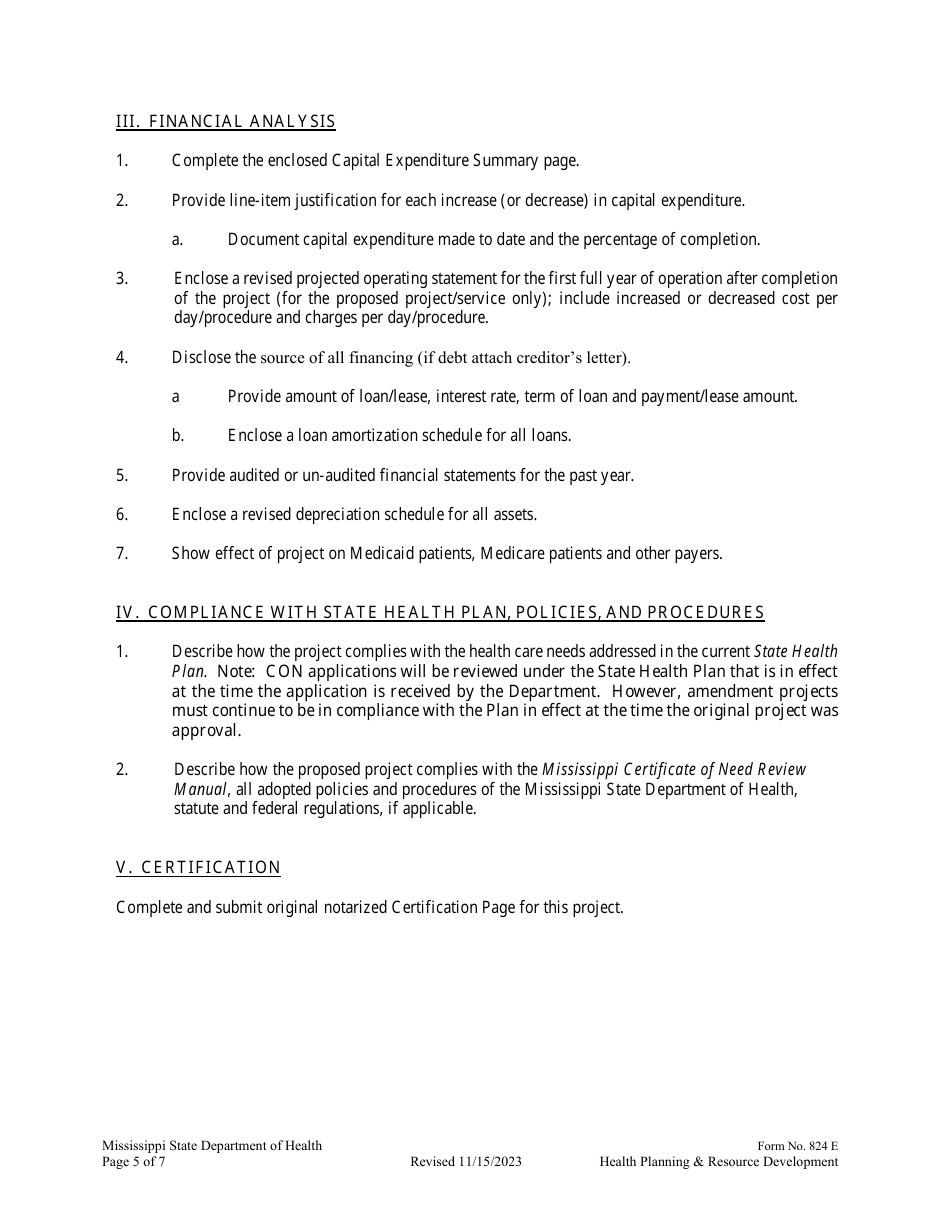 Form 824 E Application for Con Cost Overrun Con Amendment and / or Additional Capital Expenditure - Mississippi, Page 5