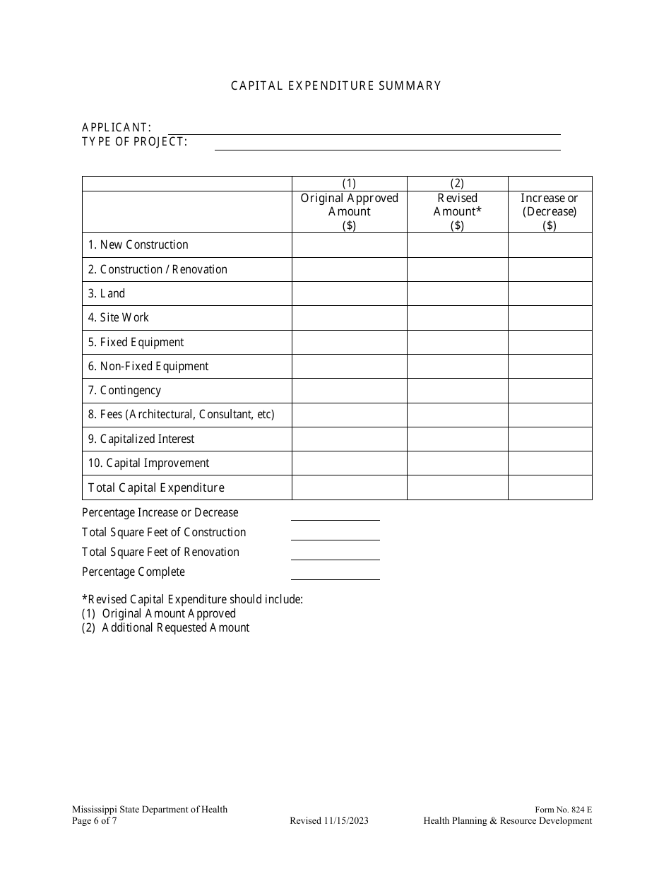 Form 824 E Application for Con Cost Overrun Con Amendment and / or Additional Capital Expenditure - Mississippi, Page 6