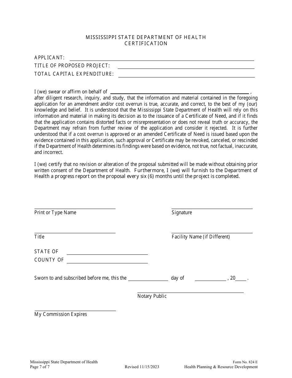Form 824 E Application for Con Cost Overrun Con Amendment and / or Additional Capital Expenditure - Mississippi, Page 7