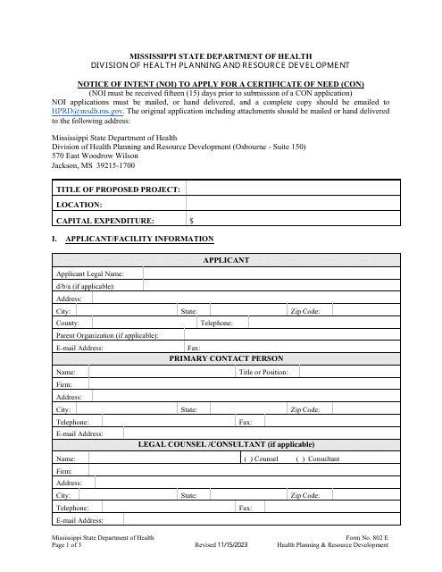 Form 802 E Notice of Intent (Noi) to Apply for a Certificate of Need (Con) - Mississippi