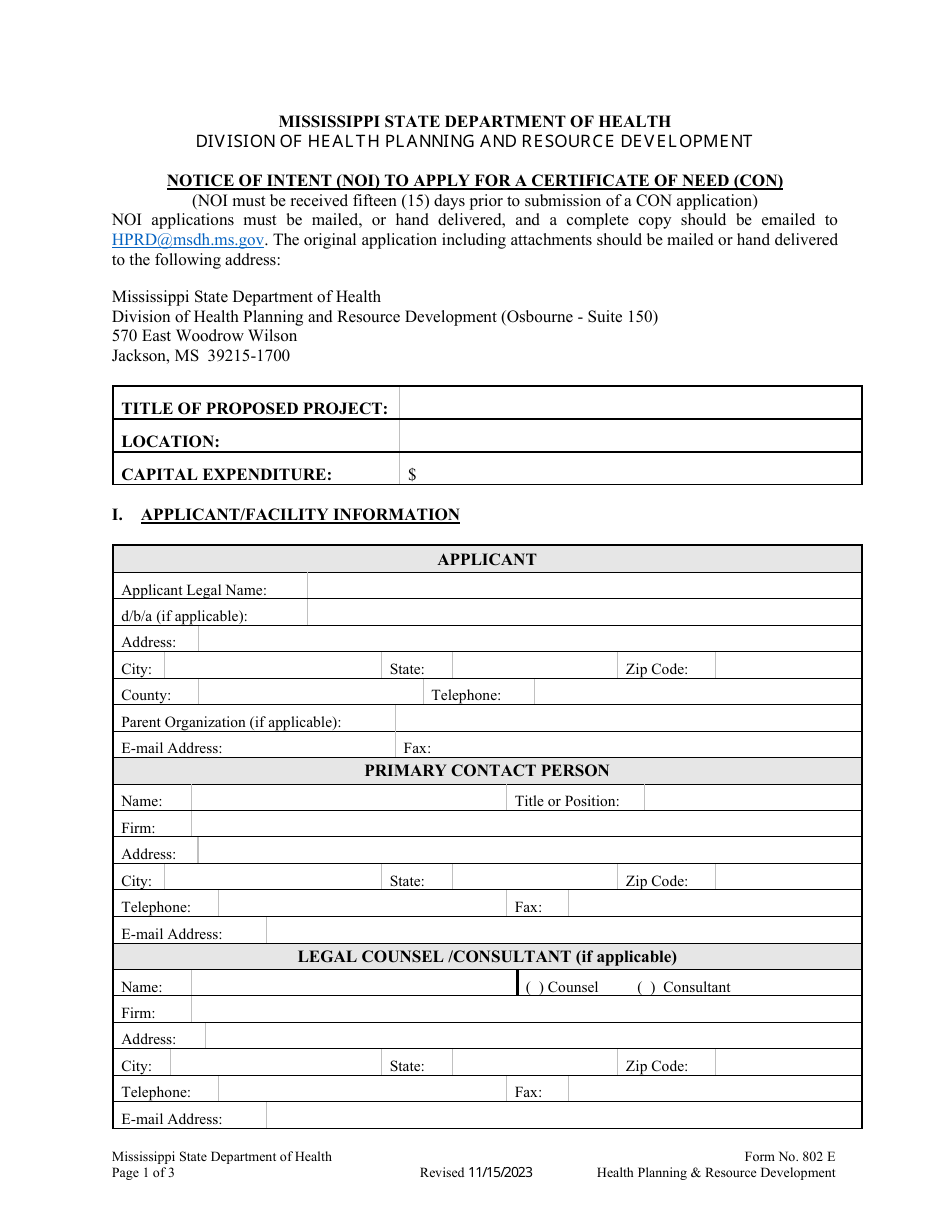Form 802 E Notice of Intent (Noi) to Apply for a Certificate of Need (Con) - Mississippi, Page 1
