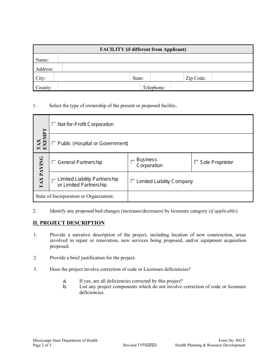Form 802 E Notice of Intent (Noi) to Apply for a Certificate of Need (Con) - Mississippi, Page 2