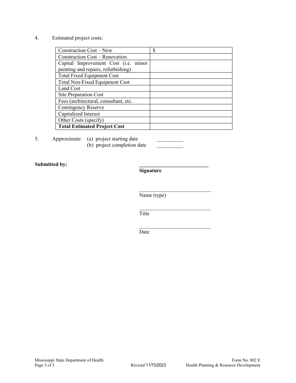 Form 802 E Notice of Intent (Noi) to Apply for a Certificate of Need (Con) - Mississippi, Page 3