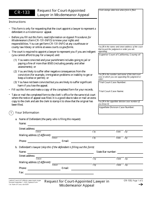 Form CR-133 Request for Court-Appointed Lawyer in Misdemeanor Appeal - California