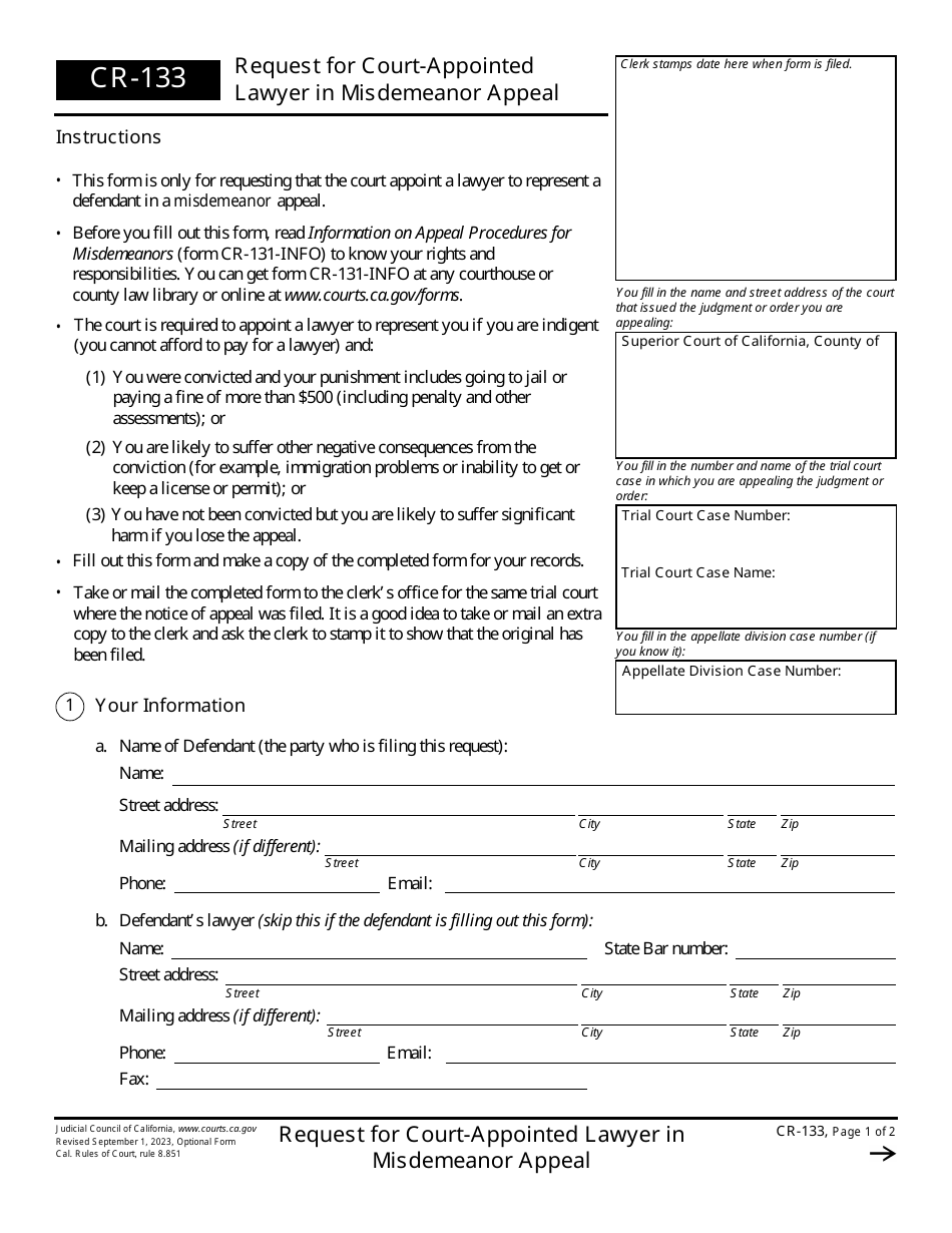 Form CR-133 Request for Court-Appointed Lawyer in Misdemeanor Appeal - California, Page 1