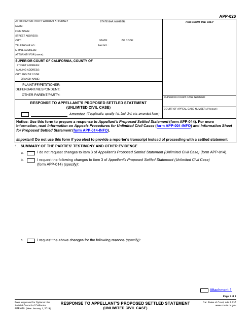 Form APP-020 Response to Appellant's Proposed Settled Statement - California