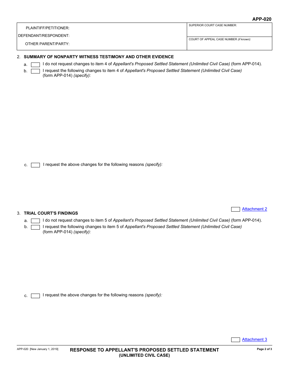 Form APP-020 Response to Appellants Proposed Settled Statement - California, Page 2