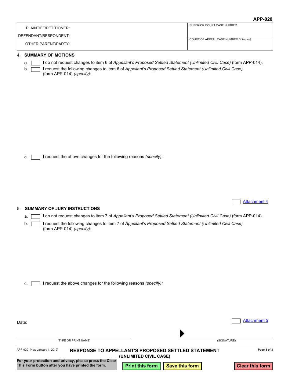 Form APP-020 Response to Appellants Proposed Settled Statement - California, Page 3