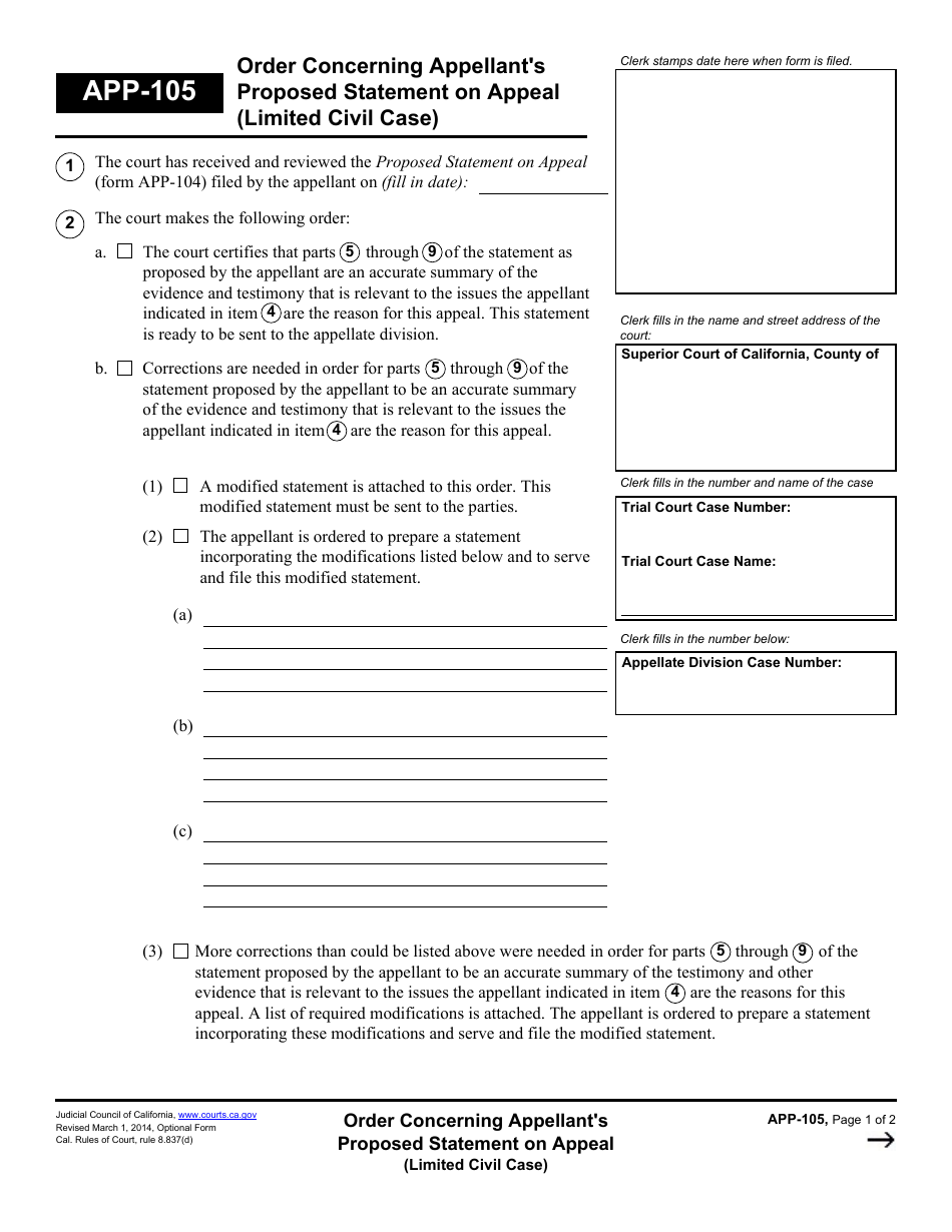 Form APP-105 Order Concerning Appellants Proposed Statement on Appeal (Limited Civil Case) - California, Page 1