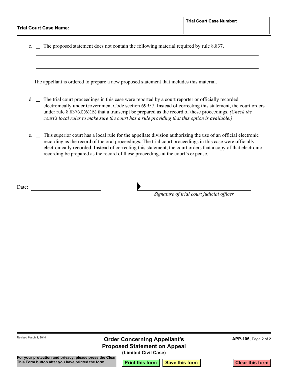 Form APP-105 Order Concerning Appellants Proposed Statement on Appeal (Limited Civil Case) - California, Page 2
