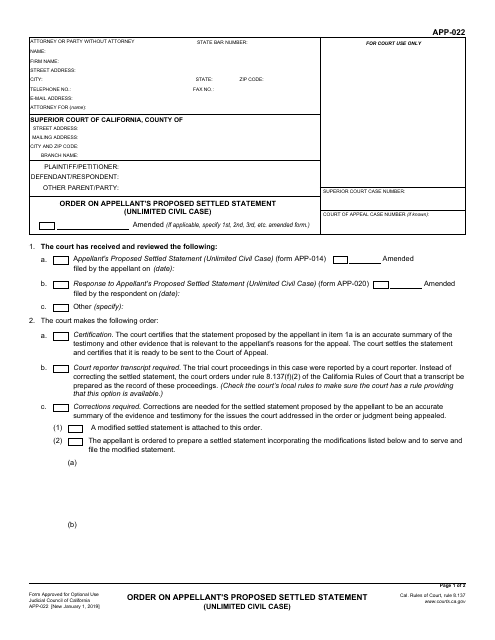 Form APP-022 Order on Appellant's Proposed Settled Statement (Unlimited Civil Case) - California