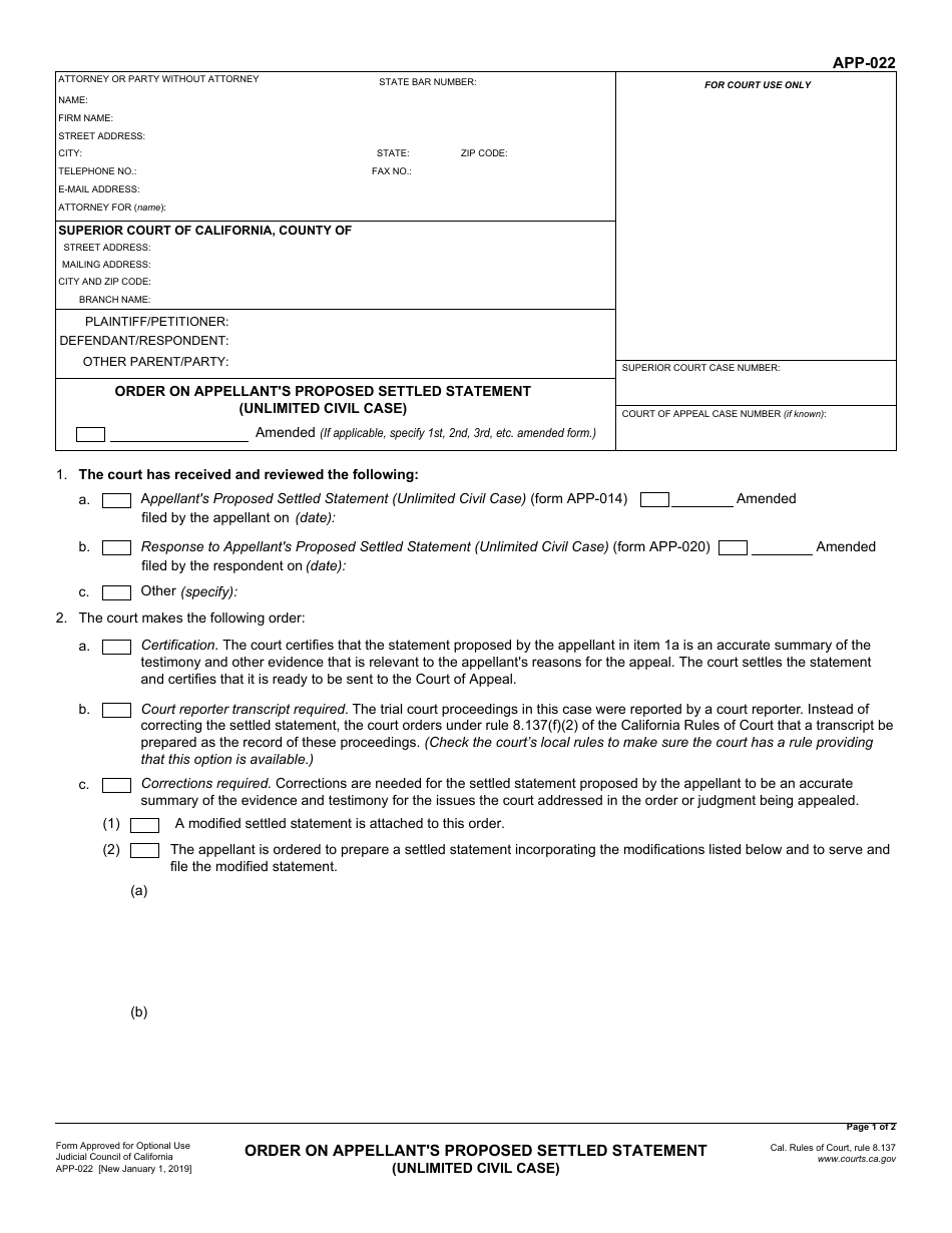 Form APP-022 Order on Appellants Proposed Settled Statement (Unlimited Civil Case) - California, Page 1