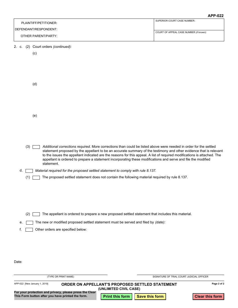 Form APP-022 Order on Appellants Proposed Settled Statement (Unlimited Civil Case) - California, Page 2