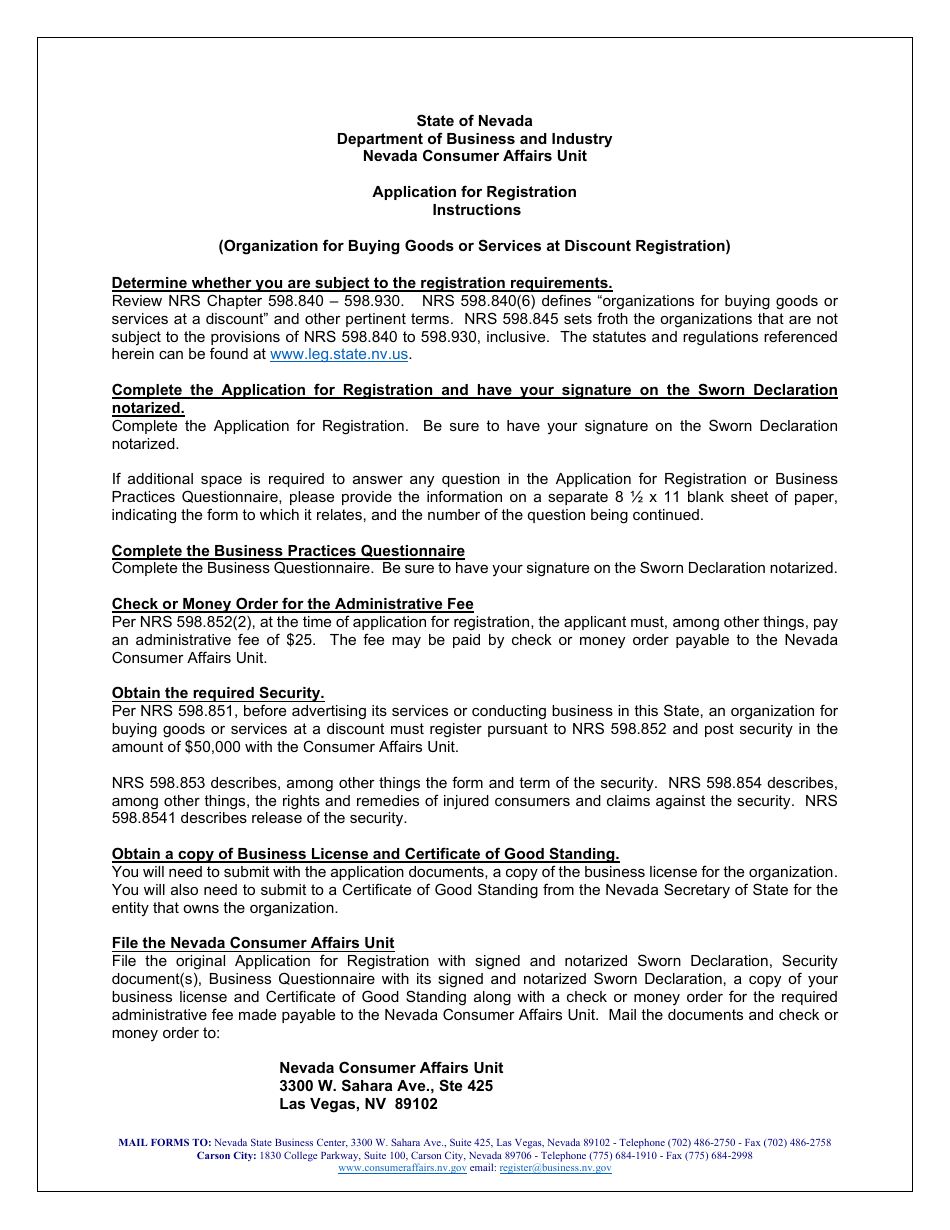 Application for Registration - Organization for Buying Goods and Services at a Discount - Nevada, Page 1