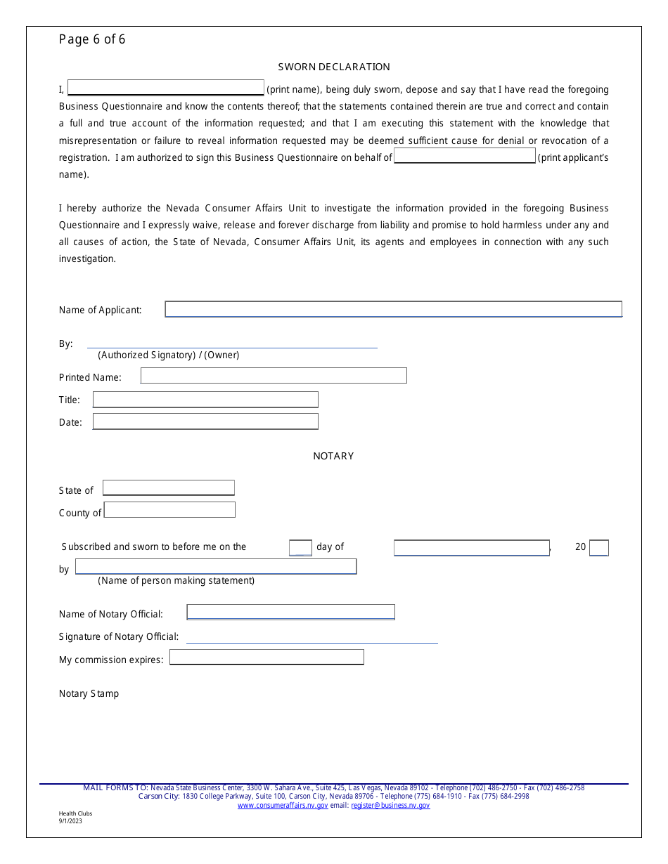 Application for Registration - Health Clubs - Nevada, Page 11