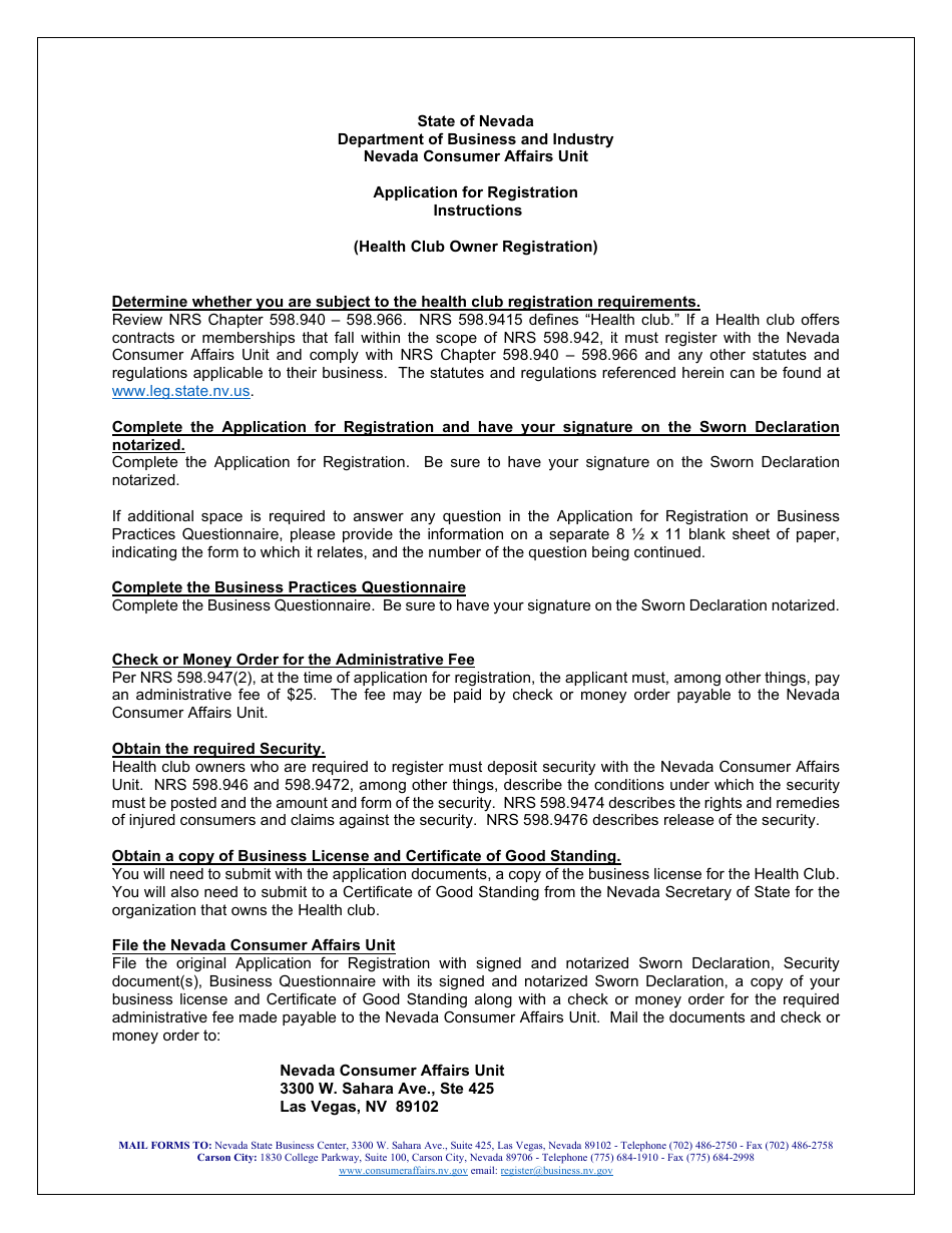 Application for Registration - Health Clubs - Nevada, Page 1