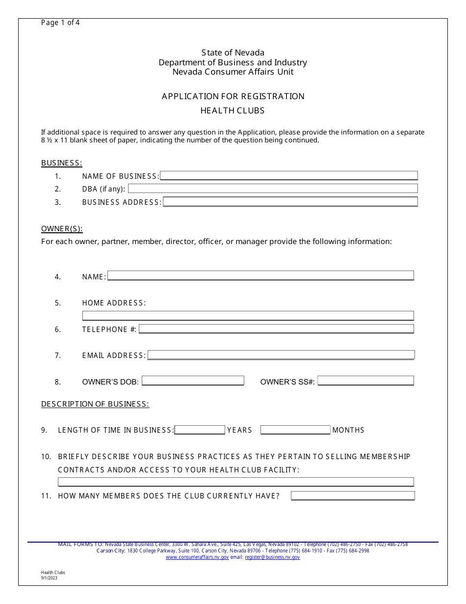 Application for Registration - Health Clubs - Nevada, Page 2