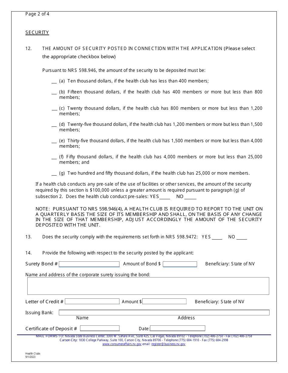 Application for Registration - Health Clubs - Nevada, Page 3