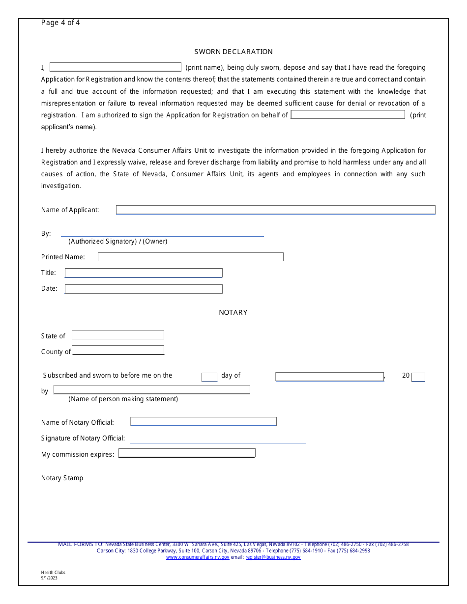 Application for Registration - Health Clubs - Nevada, Page 5