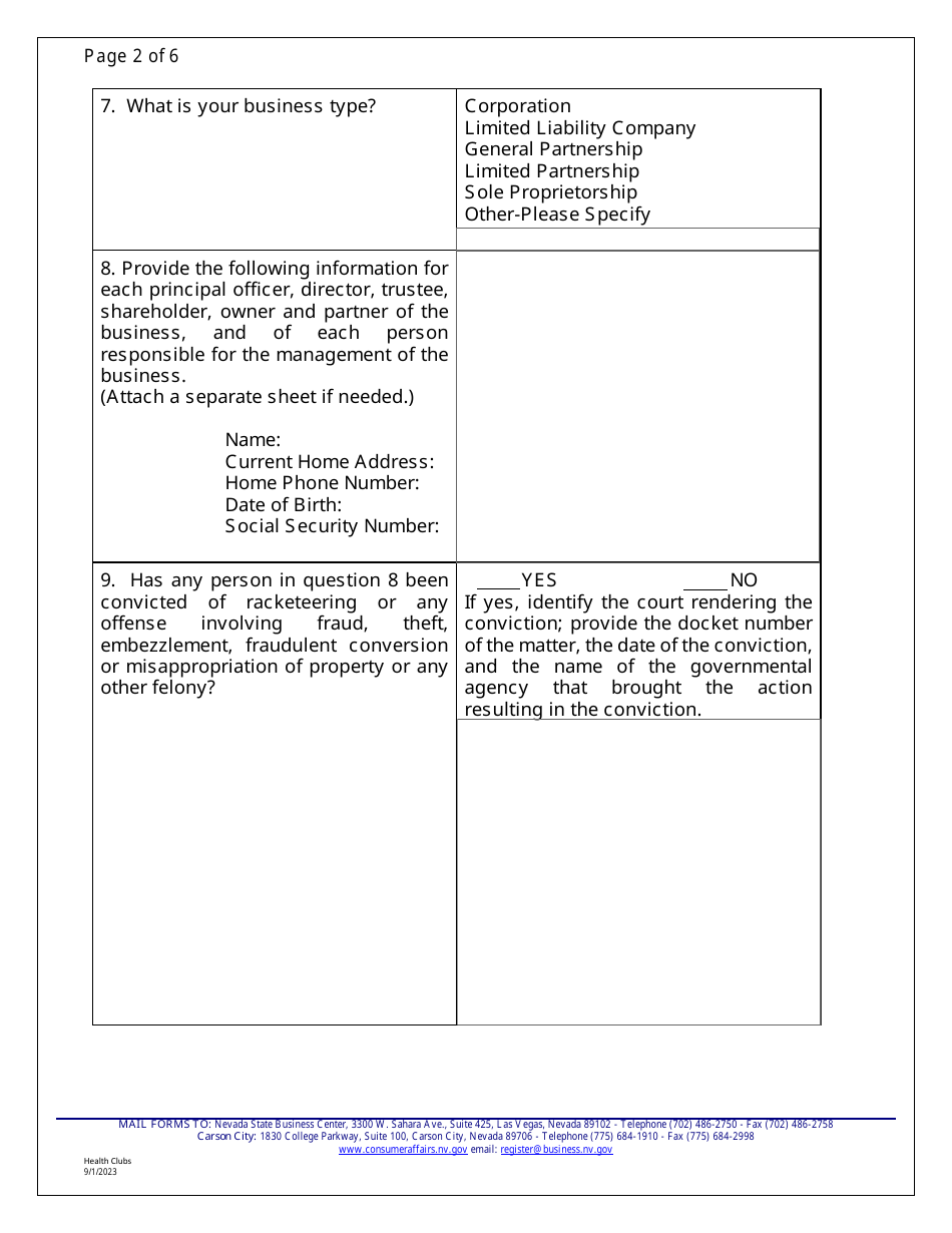 Application for Registration - Health Clubs - Nevada, Page 7