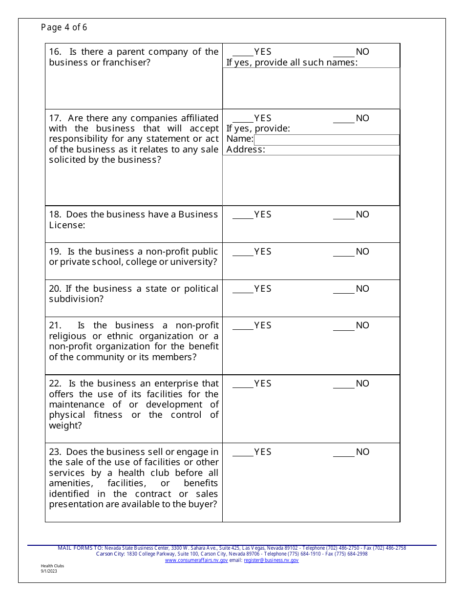 Application for Registration - Health Clubs - Nevada, Page 9