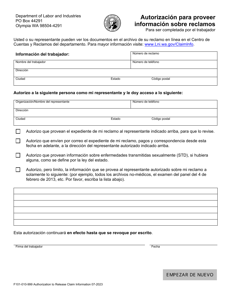 Formulario F101-010-999 Autorizacion Para Proveer Informacion Sobre Reclamos - Washington (Spanish), Page 1