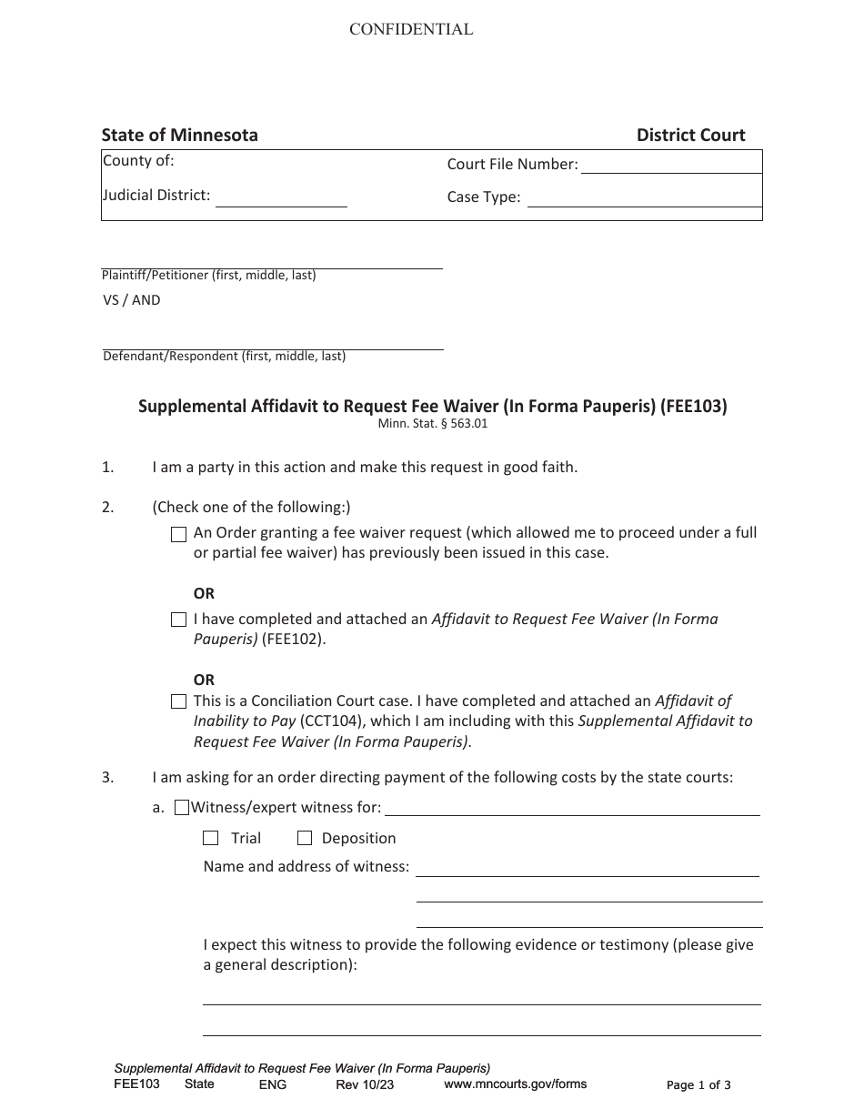 Form FEE103 Supplemental Affidavit to Request Fee Waiver (In Forma Pauperis) - Minnesota, Page 1