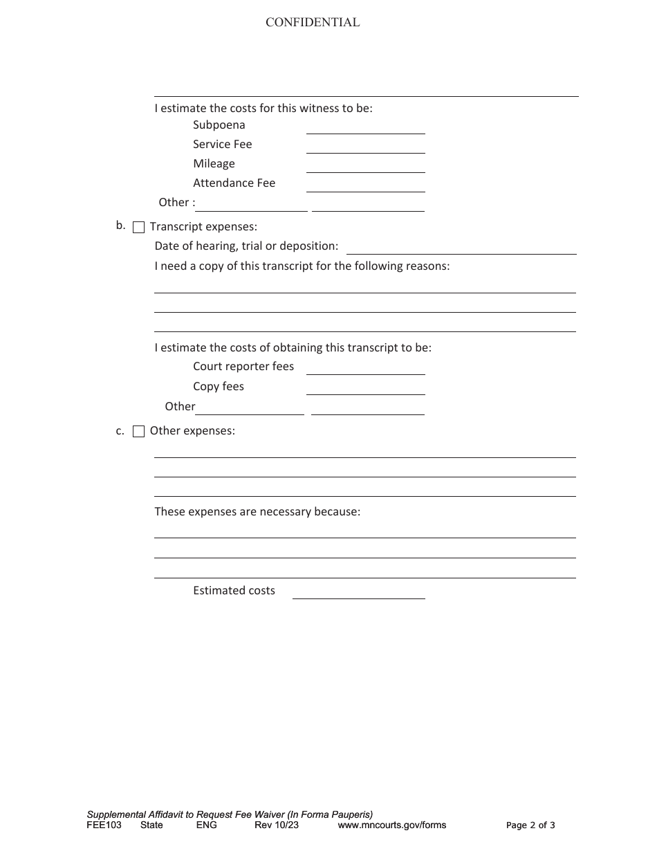 Form FEE103 Supplemental Affidavit to Request Fee Waiver (In Forma Pauperis) - Minnesota, Page 2