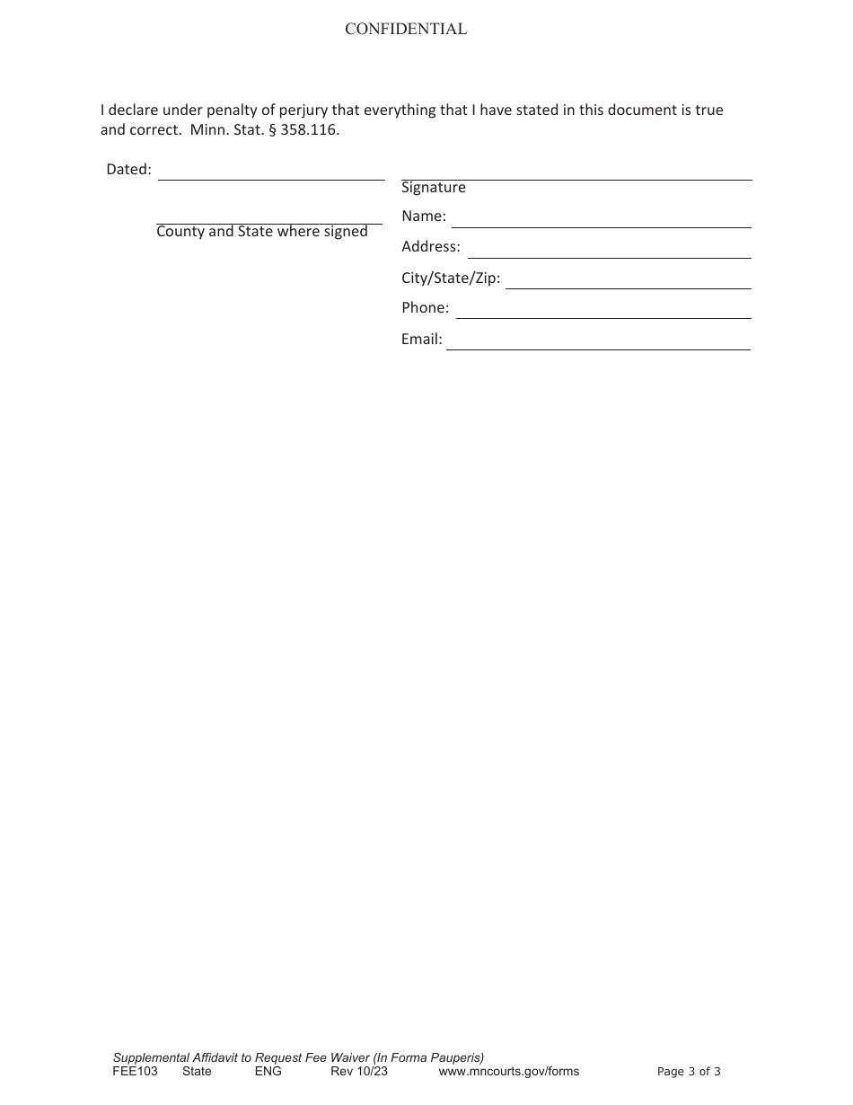 Form FEE103 Supplemental Affidavit to Request Fee Waiver (In Forma Pauperis) - Minnesota, Page 3