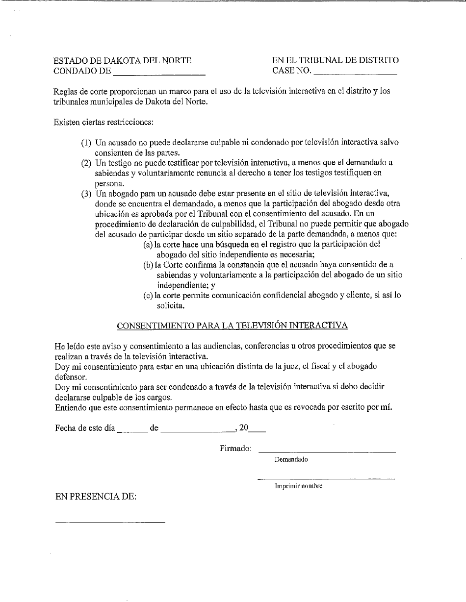 Consentimiento Para La Television Interactiva - North Dakota (Spanish), Page 1