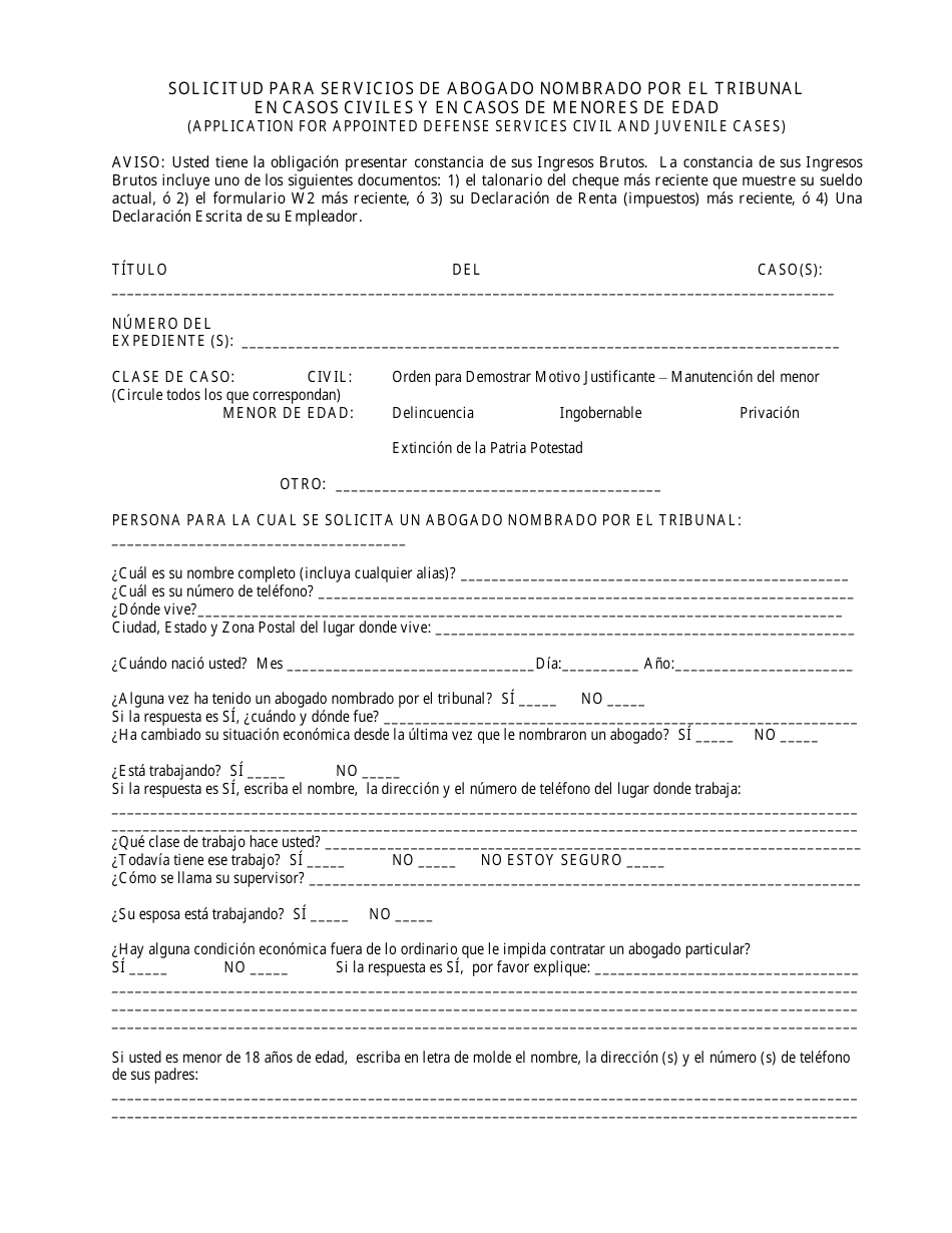 Solicitud Para Servicios De Abogado Nombrado Por El Tribunal En Casos Civiles Y En Casos De Menores De Edad - North Dakota (Spanish), Page 1