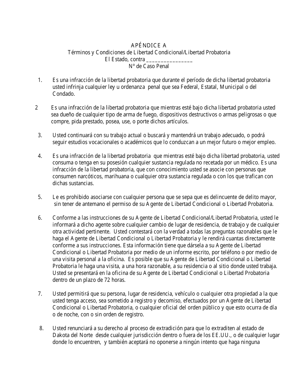 Apendice A Terminos Y Condiciones De Libertad Condicional / Libertad Probatoria - North Dakota (Spanish), Page 1