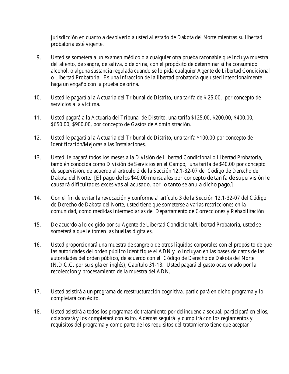 Apendice A Terminos Y Condiciones De Libertad Condicional / Libertad Probatoria - North Dakota (Spanish), Page 2