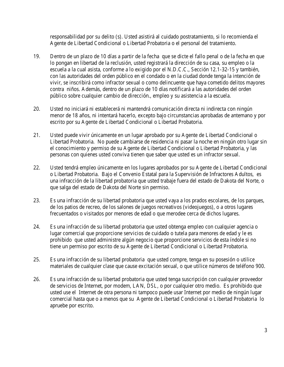 Apendice A Terminos Y Condiciones De Libertad Condicional / Libertad Probatoria - North Dakota (Spanish), Page 3