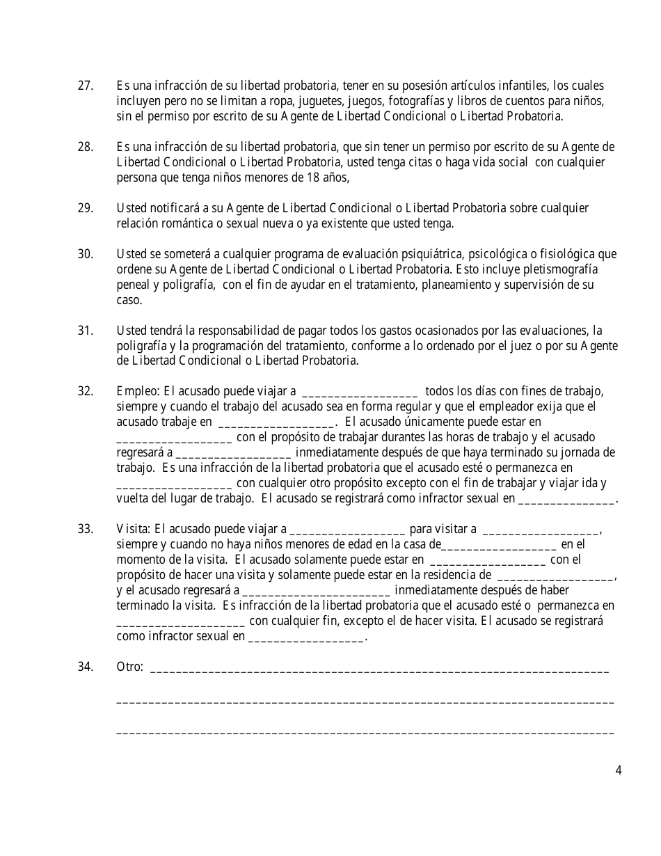 Apendice A Terminos Y Condiciones De Libertad Condicional / Libertad Probatoria - North Dakota (Spanish), Page 4
