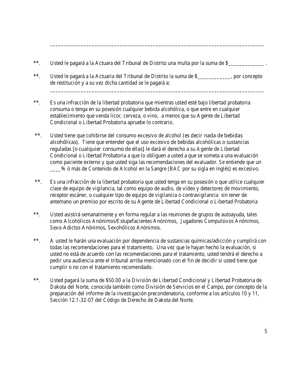 Apendice A Terminos Y Condiciones De Libertad Condicional / Libertad Probatoria - North Dakota (Spanish), Page 5