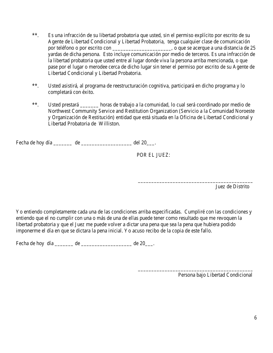 Apendice A Terminos Y Condiciones De Libertad Condicional / Libertad Probatoria - North Dakota (Spanish), Page 6