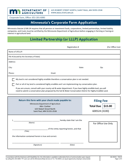Form AG-03315 Minnesota's Corporate Farm Application - Limited Partnership (Or Lllp) Application - Minnesota