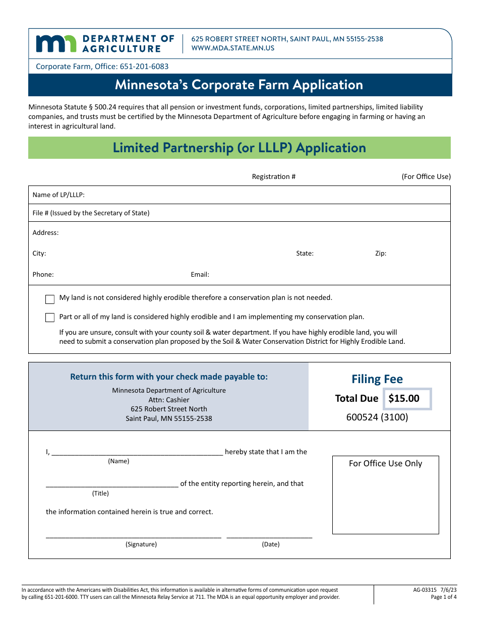 Form AG-03315 Minnesotas Corporate Farm Application - Limited Partnership (Or Lllp) Application - Minnesota, Page 1