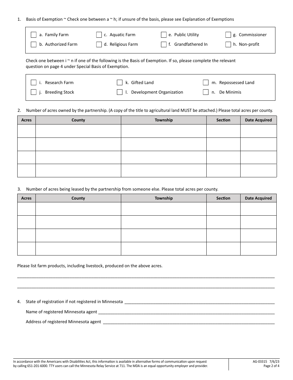 Form AG-03315 Minnesotas Corporate Farm Application - Limited Partnership (Or Lllp) Application - Minnesota, Page 2