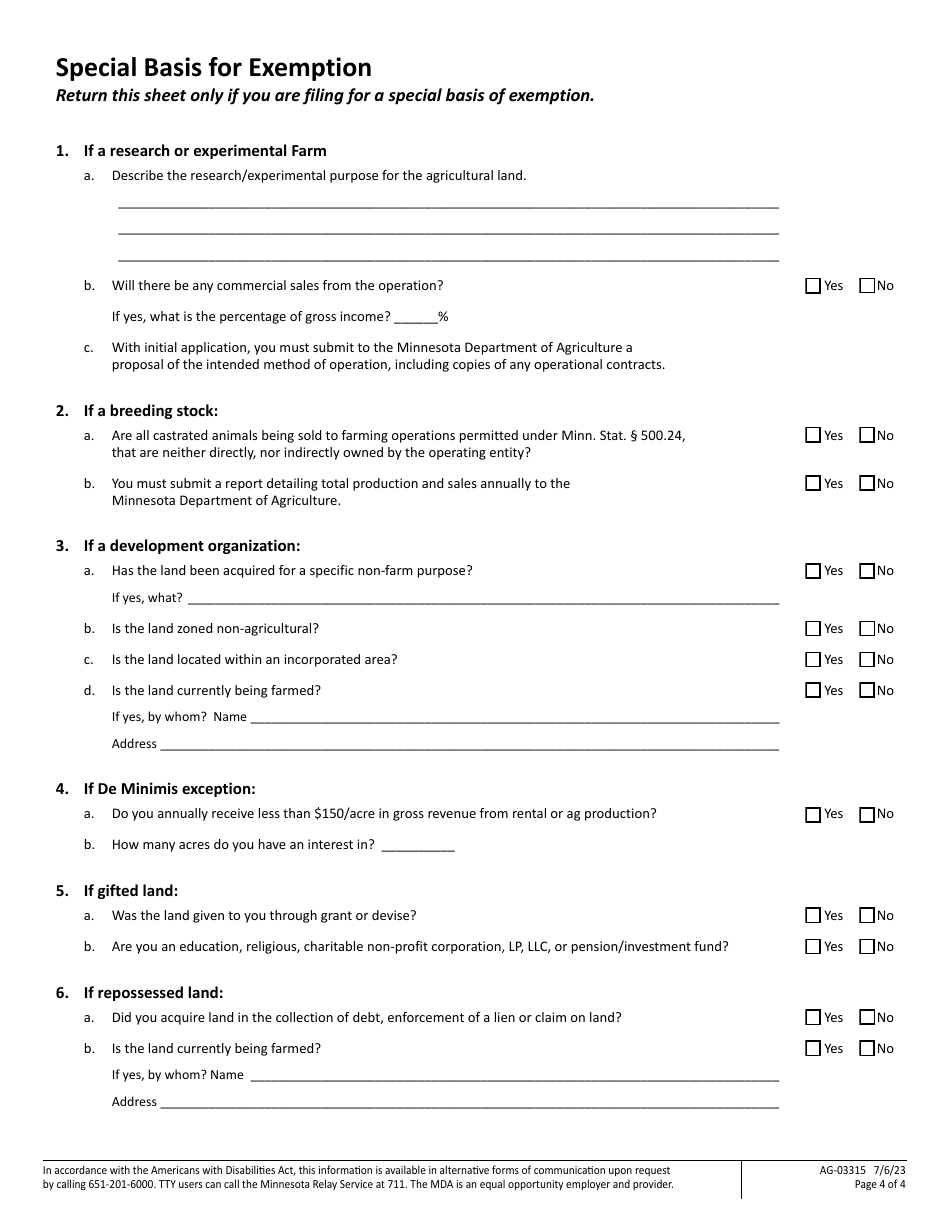 Form AG-03315 Minnesotas Corporate Farm Application - Limited Partnership (Or Lllp) Application - Minnesota, Page 4