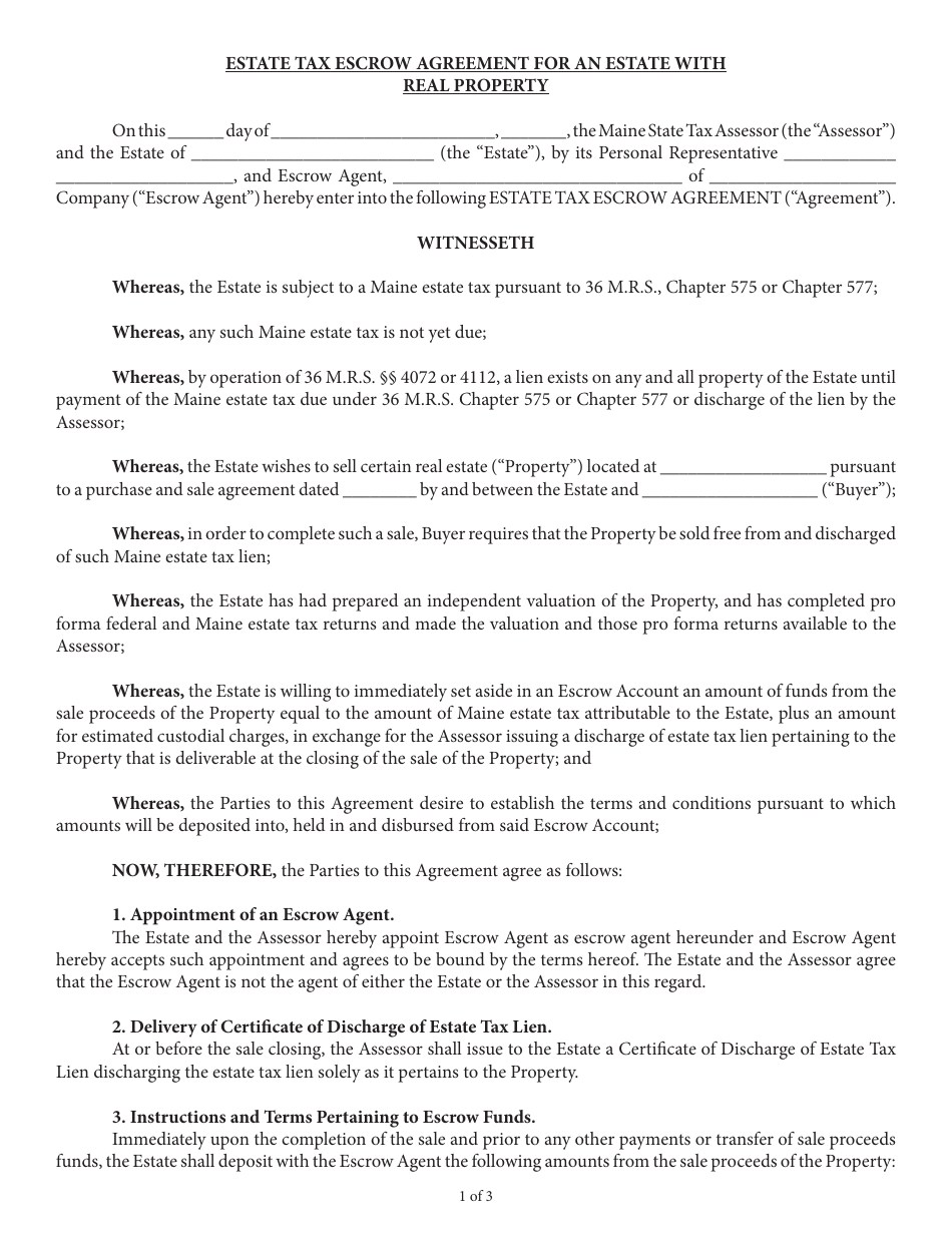 Estate Tax Escrow Agreement for an Estate With Real Property - Maine, Page 1