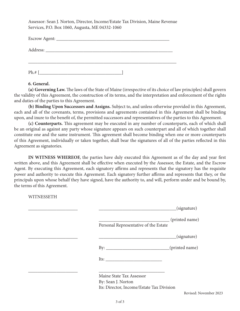 Estate Tax Escrow Agreement for an Estate With Real Property - Maine, Page 3